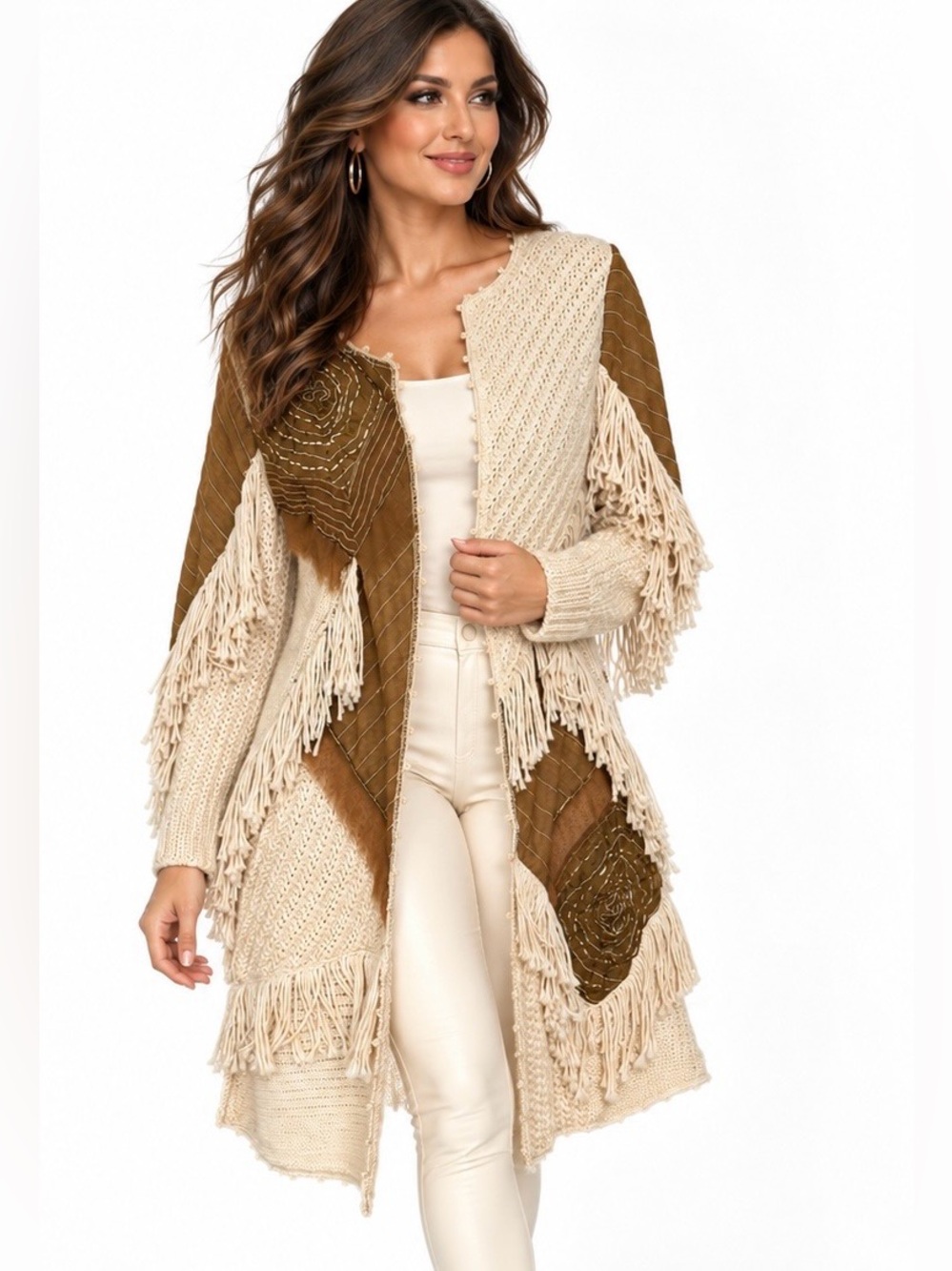Sandy Starkman Boston Proper XS Patchwork Fringe Cardigan Boho Art to Wear Lined